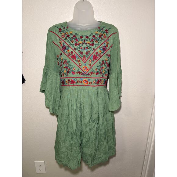 Umgee Floral Embroidered Bell Sleeve Tunic Dress - Size L - Picture 1 of 10